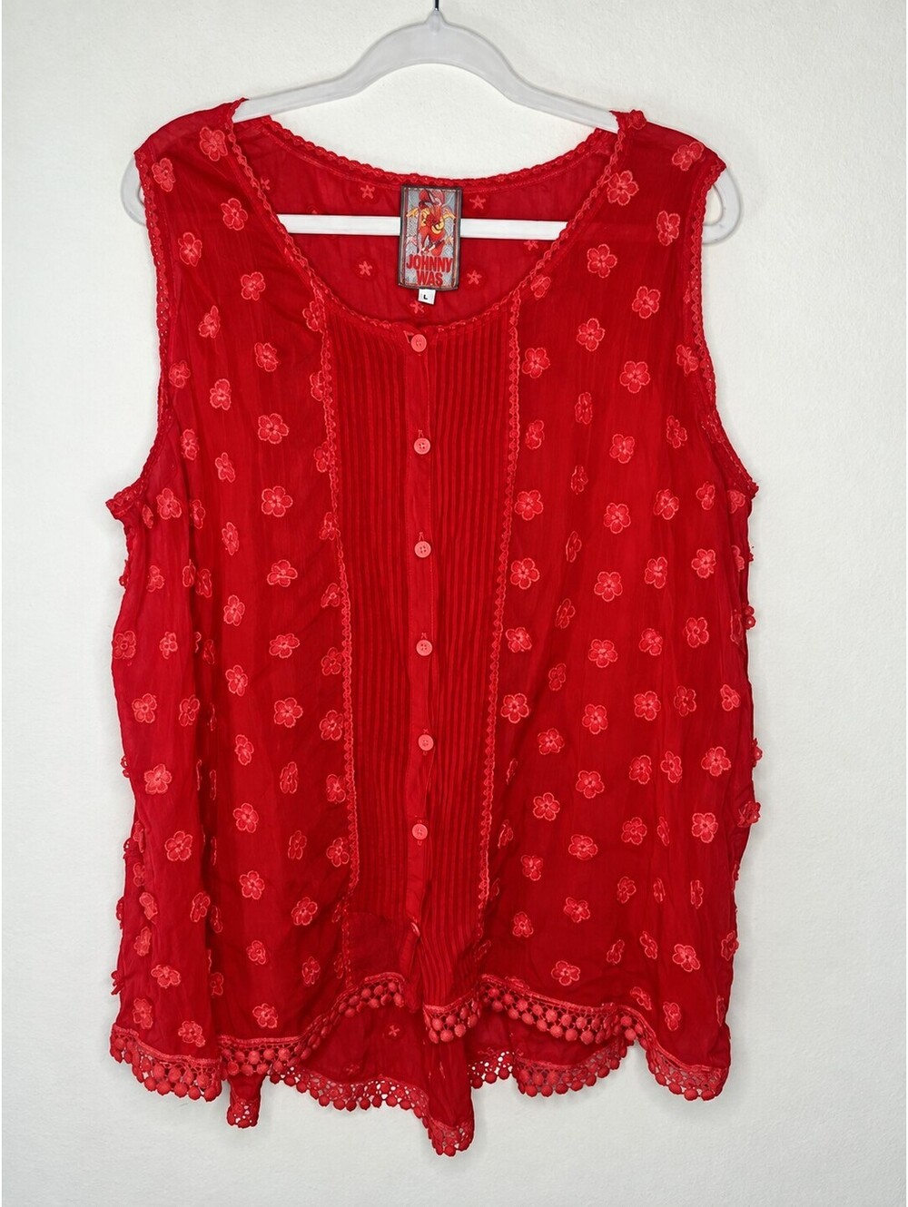 Johnny Was Red Embroidered Cupra Rayon Pintuck Boho Tank Top L